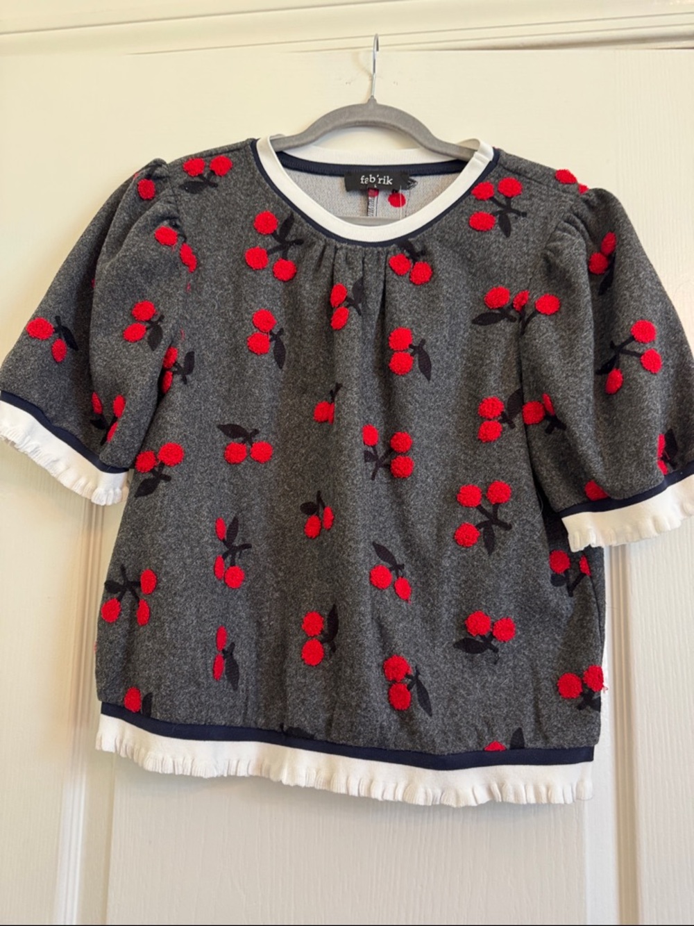 fab'rik Gray Short Sleeve Top with Red Pom-Pom Cherry Accents